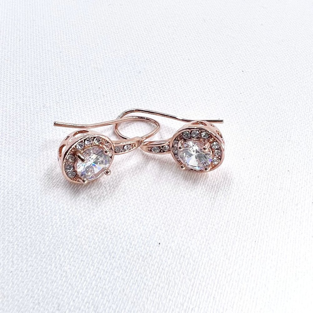 NWOT - Rose Gold Tone Round Clear Crystal Halo Round Fishhook Earrings